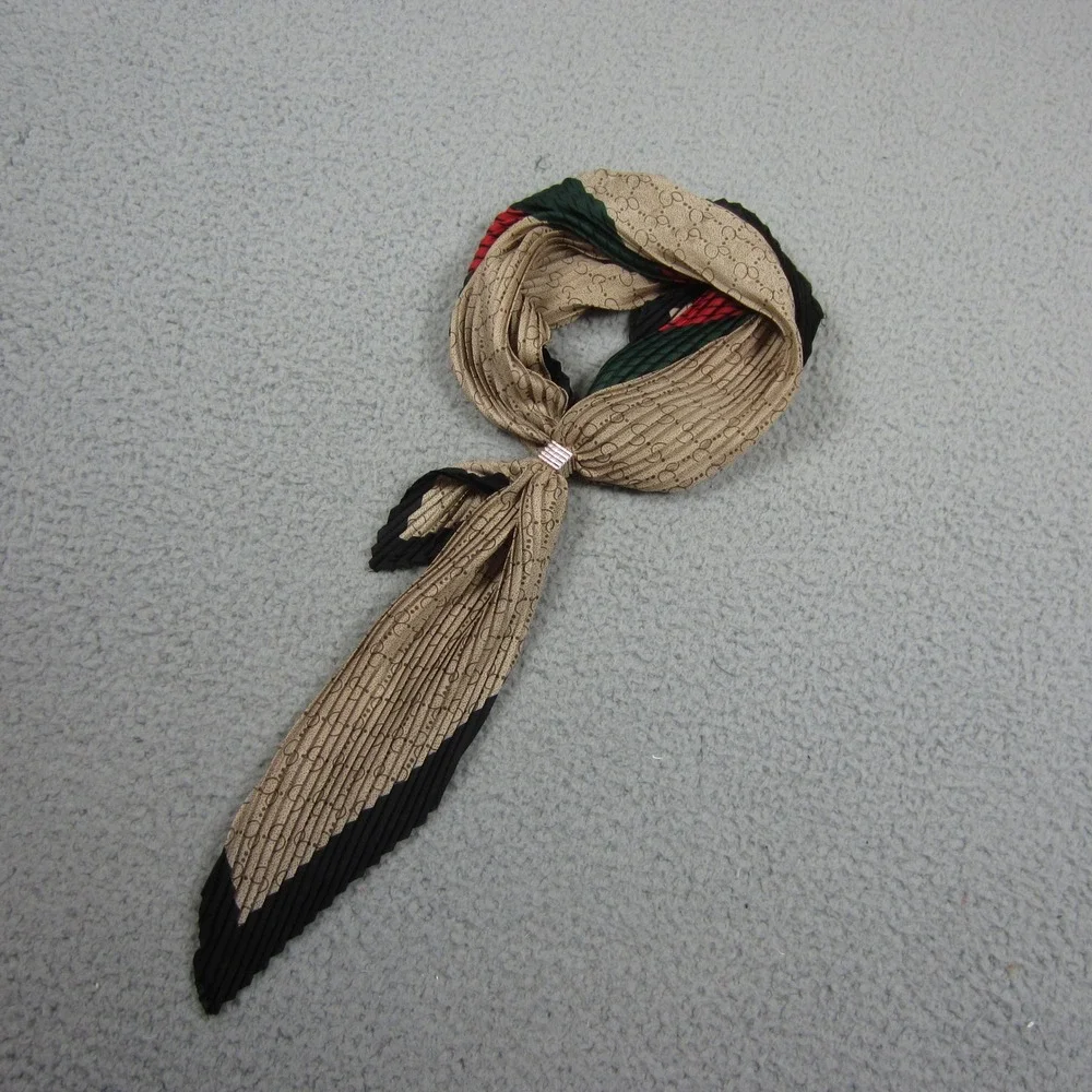Womens Scrarf Silky Square Tan Monogram Pleated‎ Green Red Stripe Gold Slide